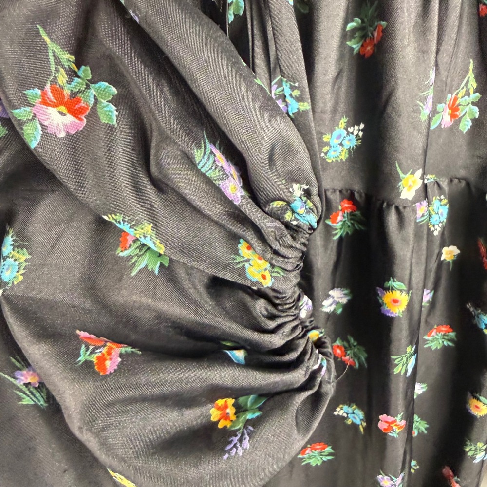 Vintage Black Balloon Sleeve Ditsy Dark‎ Floral Midi Peasant Dress Whimsigoth 12 - Picture 5 of 12